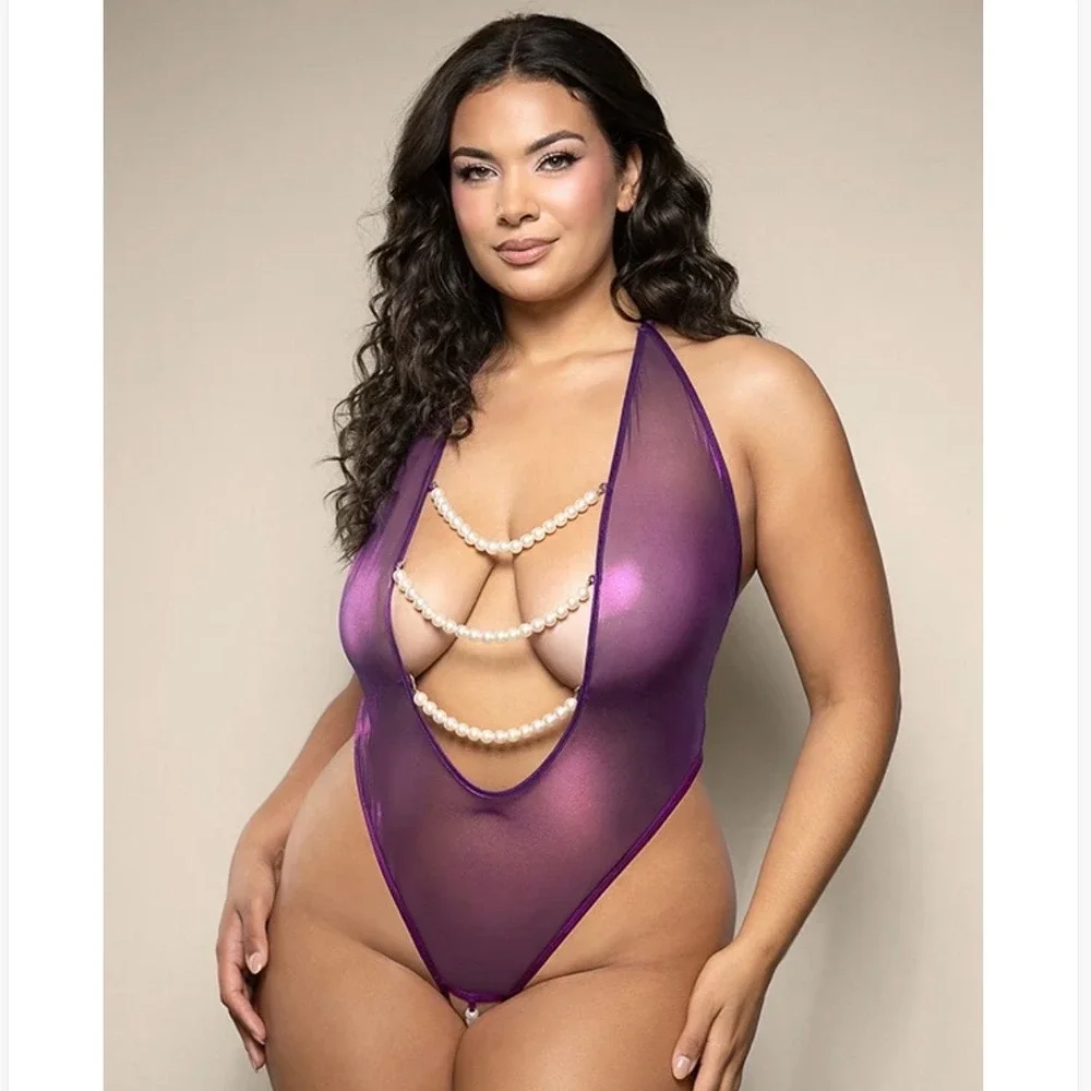 Fantasy Lingerie Opulence Purple Iridescent Pearl Crotchless Teddy Size Queen